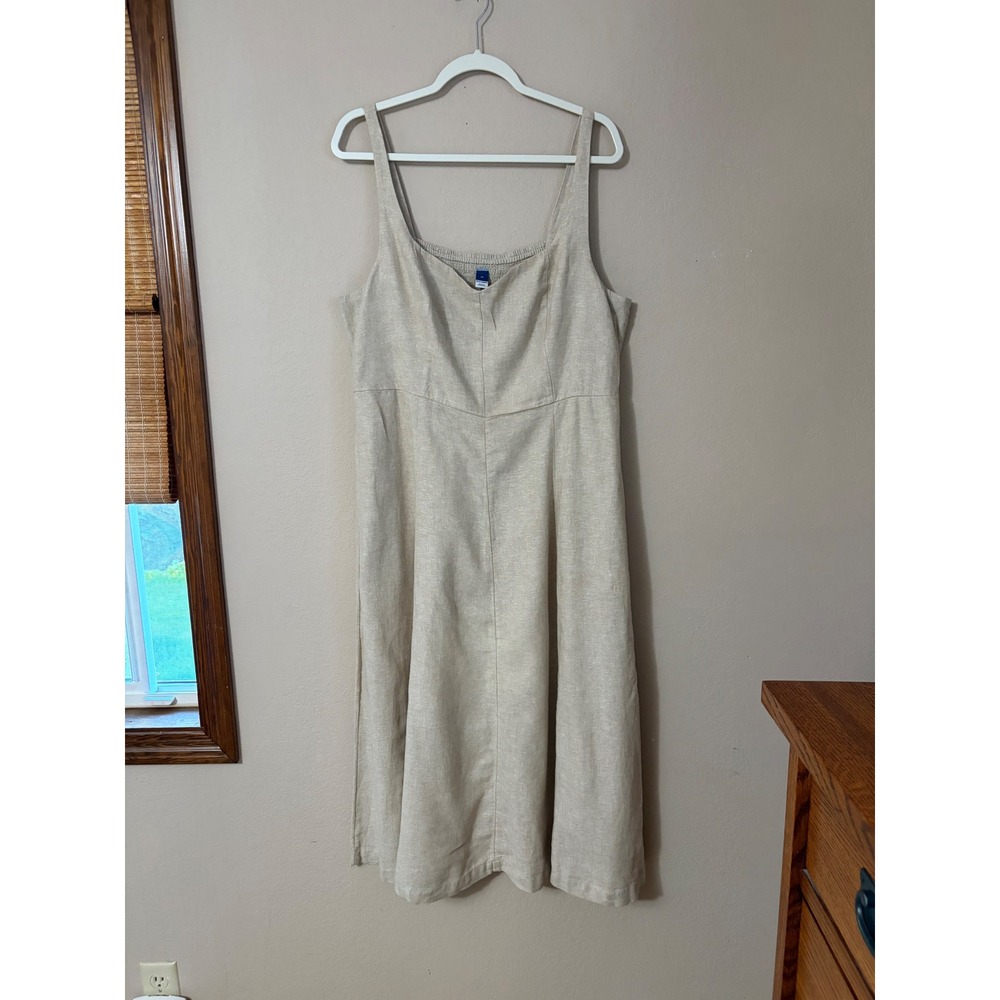 Old Navy Linen Blend Midi Dress Beige Oatmeal Square Neck Smocked Back Womens XL